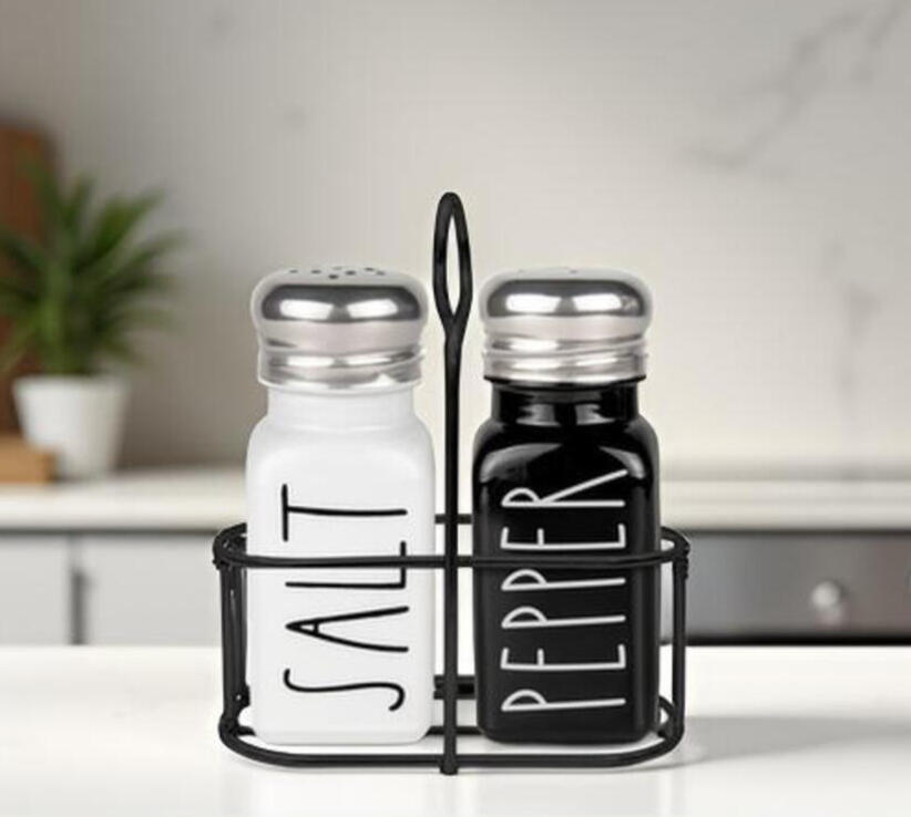 Black White Farmhouse Salt and Pepper Shakers with Holder