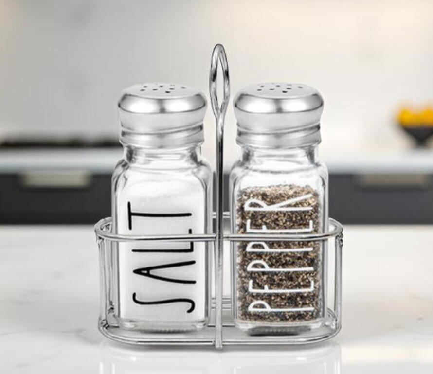 Clear Farmhouse Salt and Pepper Shakers with Holder Clear Farmhouse Salt and Pepper Shakers with Holder