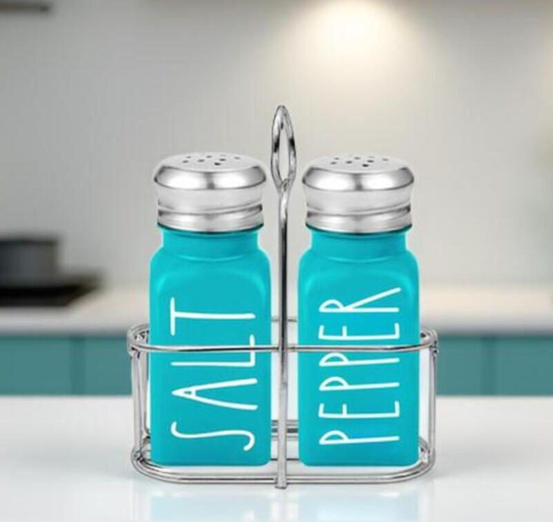Teal Farmhouse Salt and Pepper Shakers with Holder