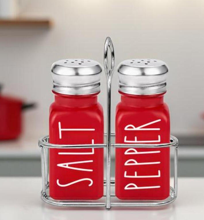 Red Salt and Pepper Shakers with Holder